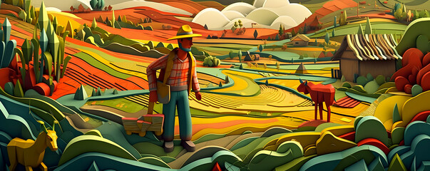 Colombian landscape, mountains and village, paper cut illustration, Generative AI