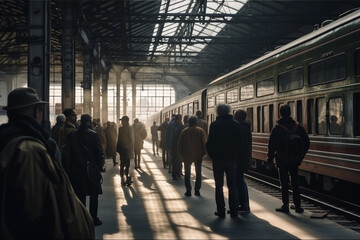 Illustration of a busy train station with people waiting for their train to arrive. Ai generated.