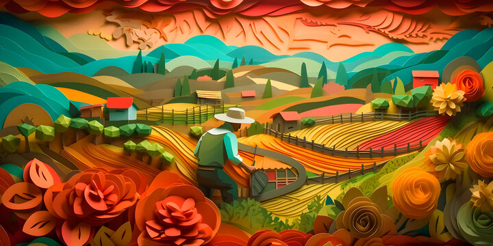 Colombian landscape, mountains and village, paper cut illustration, Generative AI