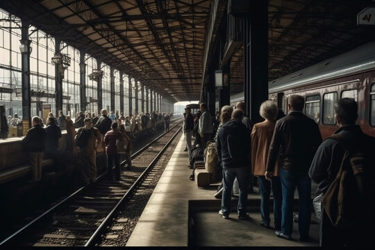 Illustration of a busy train station with people waiting for their train to arrive. Ai generated.