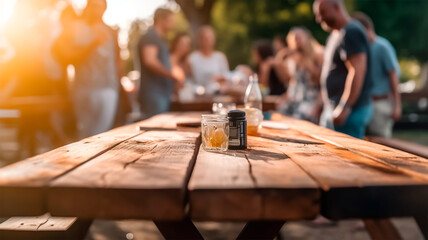 wooden table with people in background for product presentation and advertising