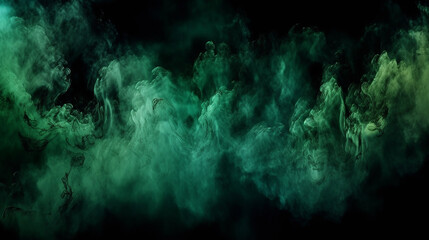 Fototapeta na wymiar green clouds, grunge dark smoke texture, black haunted background