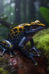 Obraz premium Frog with large dramatic eyes sits on a tree trunk with mossy bark, and lush foliage, the leaves are covered with raindrops. a beautiful natural environment surrounded by jungle. Generative AI