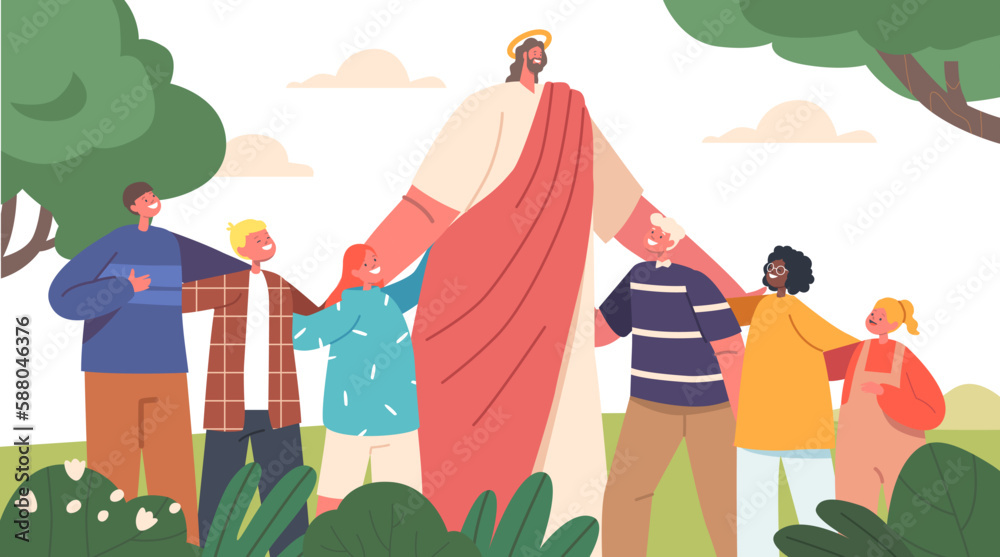 Wall mural peaceful meadow scene jesus christ surrounded by smiling children. the image captures the warmth and - Wall murals