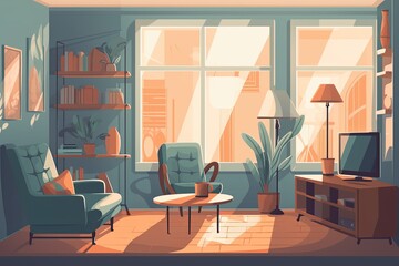 cozy living room with comfortable furniture and a modern flat screen TV. Generative AI