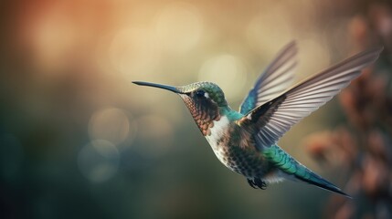 Fototapeta na wymiar a hummingbird flying in the air with a blurry background. generative ai