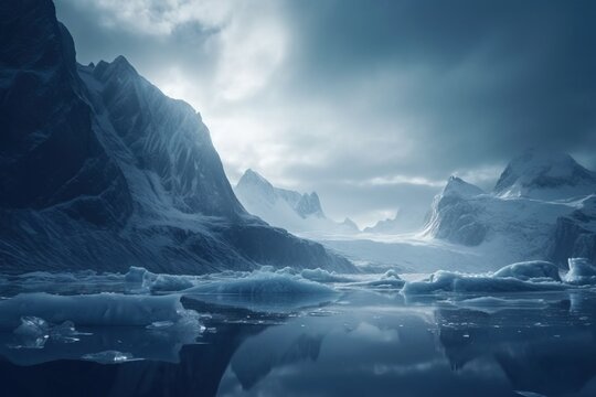  a group of icebergs floating in a lake surrounded by mountains.  generative ai