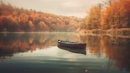  a small boat floating on top of a lake next to a forest. generative ai