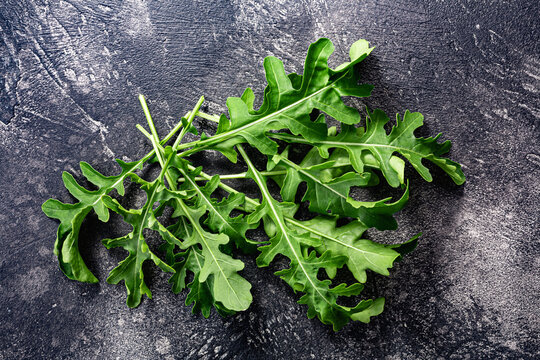 Fresh arugula atop dark textured backdrop, top view. Diplotaxis tenufolia leaves