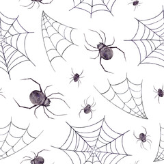 Watercolor seamless pattern with spiders and cobwebs