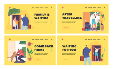 People Returning Home Landing Page Template Set. Relief And Comfort Of Returning To Familiar Place After A Work