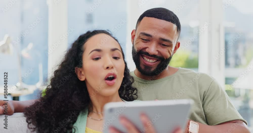 Sticker Couple, tablet and happy on home sofa together while streaming or watch movies on internet. Black man and a woman talk on couch with mobile app for online shopping and bank login with wifi choice