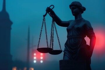 Legal law concept. Silhouette of The Statue of Justice on with  lights at foggy background. generative ai