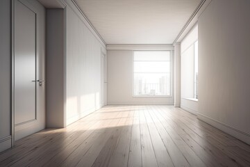 Illustration of an empty minimalist room with white walls and wooden floors. Generative AI