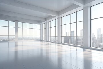Illustration of an empty room with large windows offering a stunning view of a vibrant cityscape. Generative AI