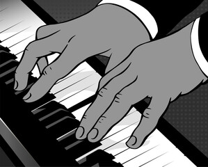 Male hands play piano keys. Man pianist. The composer performs classical music. Black and white vector illustration. Retro pop art. Hand drawn style © Mikhail