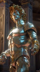 Obraz premium Une sculpture de guerrier mecha robot grec stoïque avec des touches de marbre et d'or