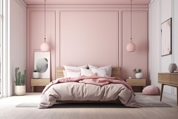 cozy bedroom with soft pink walls and a comfortable bed. Generative AI