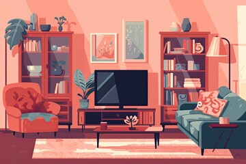 cozy living room with modern furniture and a large flat screen TV. Generative AI