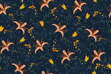 Beautiful gentle classic floral seamless pattern with plants and orange lilies on dark blue background. Vector illustration.
