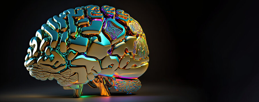 Banner with close up of a golden brain included  technology, artifical intelligence concept, generative ai