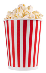 Popcorn in a striped bucket isolated on a transparent background.