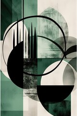 Affiche d'inspiration géométrique et touche verte Affiche géométrique avec des lignes et des formes noires et un demi-cercle vert avec des coups de pinceau.