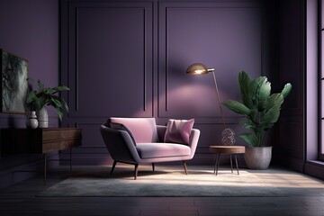 cozy living room with purple walls and furniture. Generative AI