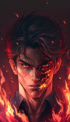 a man in black shirt with sharp eyes, seems to be in the middle of the flames and his face looks like it's starting to melt, manhwa style drawing