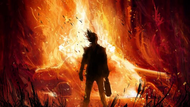 oil texture art with a silhouette of a man with a gasoline can in his hand, he stands and looks at his car burning brightly in front of him in the middle of the night forest. clean looped 2d animation