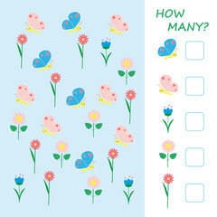 Fototapeta premium Educational math game for kids. Bright illustration with flowers and butterflies.