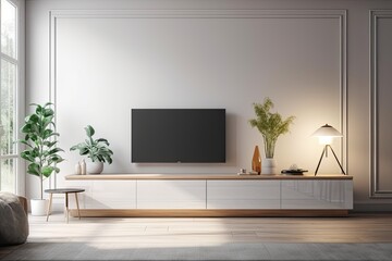 modern living room with a sleek flat screen TV as the focal point. Generative AI