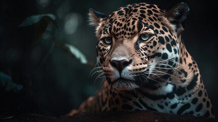 Fototapeta na wymiar a close up of a leopard in a dark background with leaves. generative ai