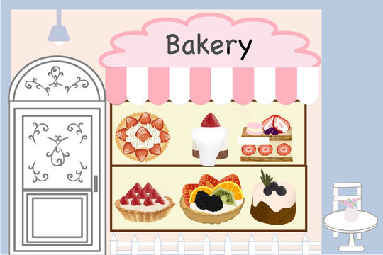 a bakery shop with glass window and bakery products.