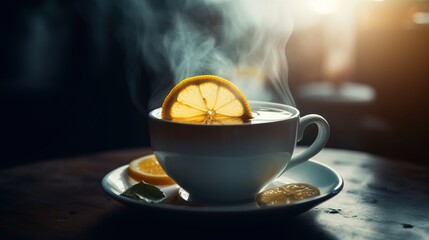  a cup of tea with a slice of orange on top.  generative ai