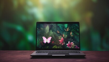 Nature on Your Screen A Serene PC Display with a Blurred Background, Showcasing Beautiful Tropical Butterfly, Generative AI