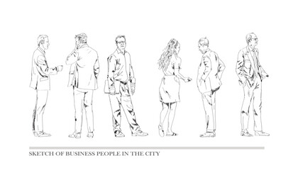 Fototapeta na wymiar Sketch, group of talking business people. Collection of silhouettes for project. 