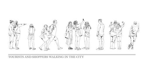 Fototapeta na wymiar Family, shoppers, tourists walking in the city. Sketch. Collection of silhouettes for project. 
