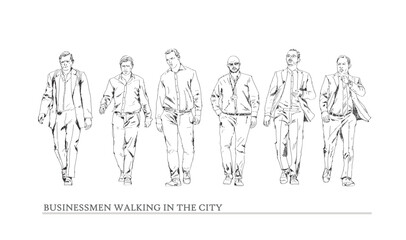 Sketch. Group of business people walking in the city. Collection of silhouettes for your project. Front view