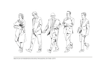 Fototapeta na wymiar Sketch. Group of business people walking in the city. Collection of silhouettes for your project. Front view