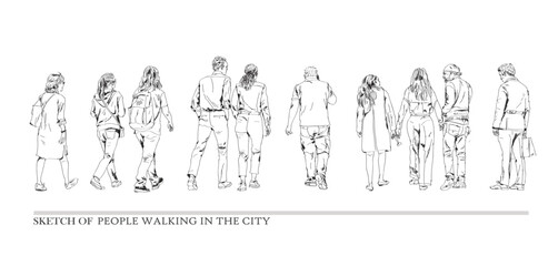 Sketch, group of business people walking in the city. Collection of silhouettes for your project. Back view