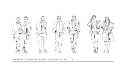 Fototapeta na wymiar Sketch. Group of business people walking in the city. Collection of silhouettes for your project. Front view