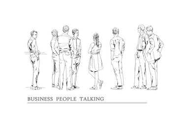 Fototapeta na wymiar Sketch, group of talking business people in the city. Collection of silhouettes for your project. 
