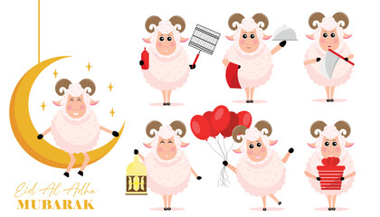 Collage of funny sheep on white background. Eid al-Adha (Feast of the Sacrifice) celebration