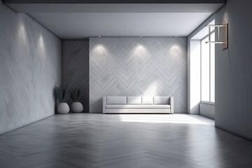 Illustration of an empty room with a couch and vases. Generative AI