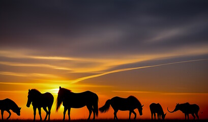 Fototapeta na wymiar Black silhouettes of many animals on the background of the sunset. Generative AI