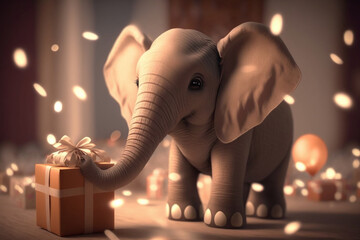 Little Cute Elephant Holding a Christmas Present with Joyful Expression