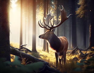 Beautiful reindeer standing in the forest.Generative Ai