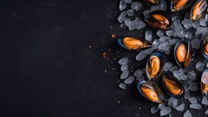 Fototapeta na wymiar Mussels in ice background poster with copy space - Generative AI
