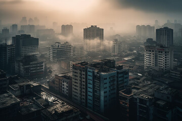 Illustration of a cityscape with smog and pollution, highlighting the environmental issues caused by urbanization.